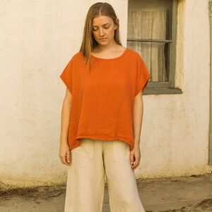Knock Knock Linen Top Womens One Size Orange Boxy‎ Oversized Lagenlook Boho